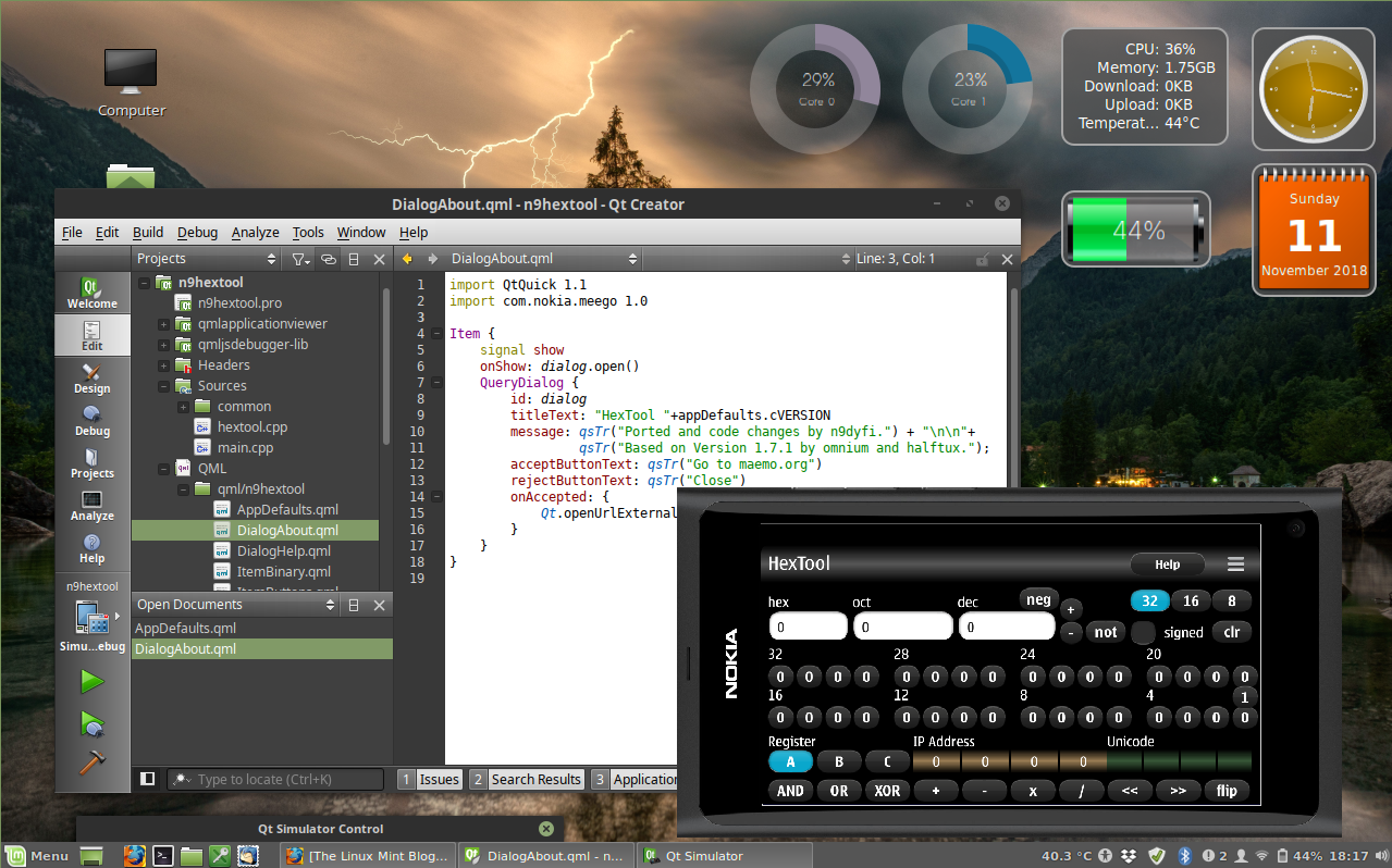 QtCreator running in Linux Mint 19.0 Tara